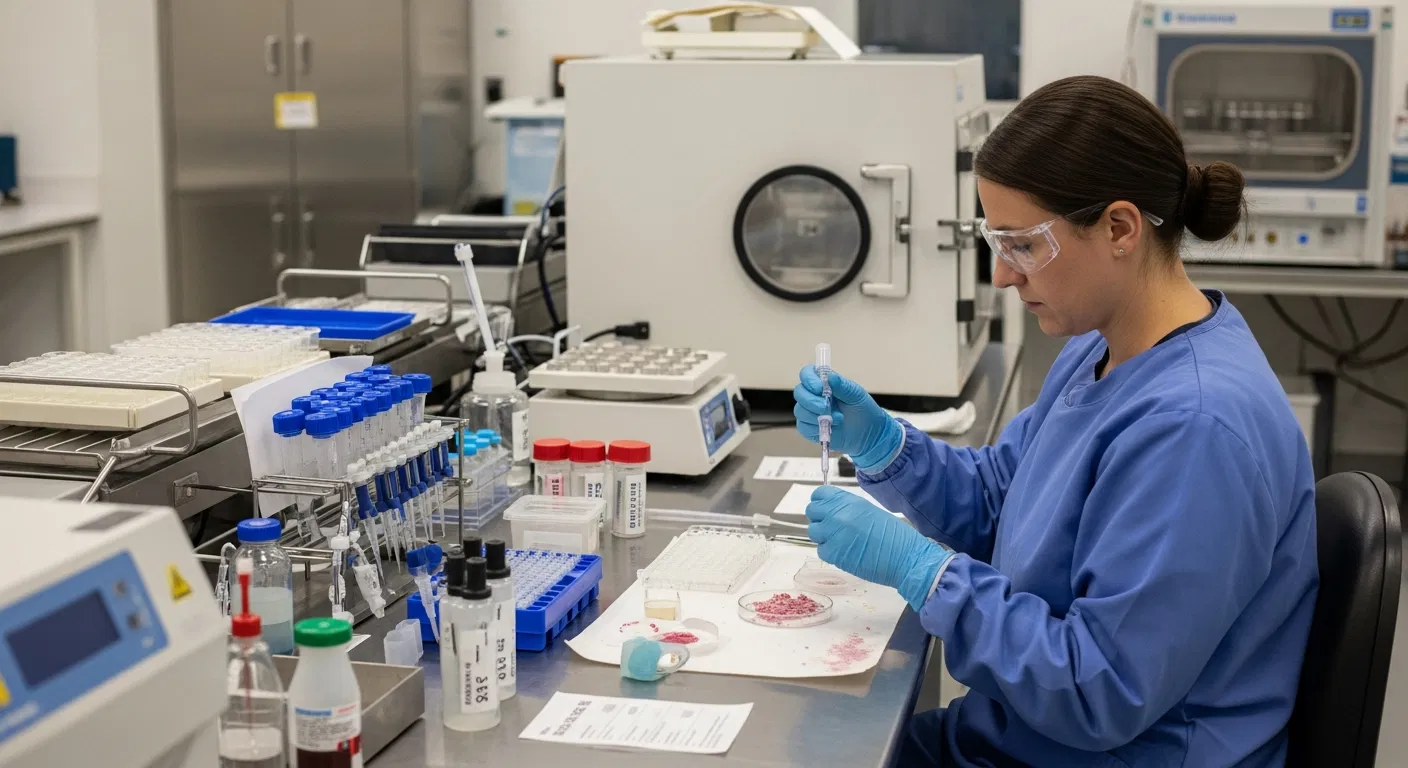 A Breeding Tech LLC scientist prepares bovine IVF samples at a lab bench, utilizing advanced reproductive technology equipment.