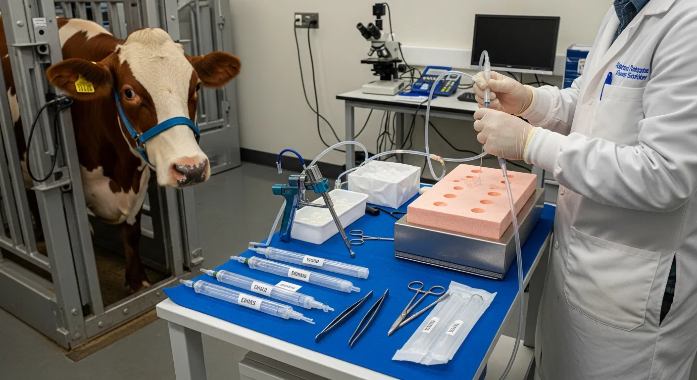 A Breeding Tech LLC specialist readies OPU equipment near a cow, with labeled tools for advanced bovine reproduction procedures.