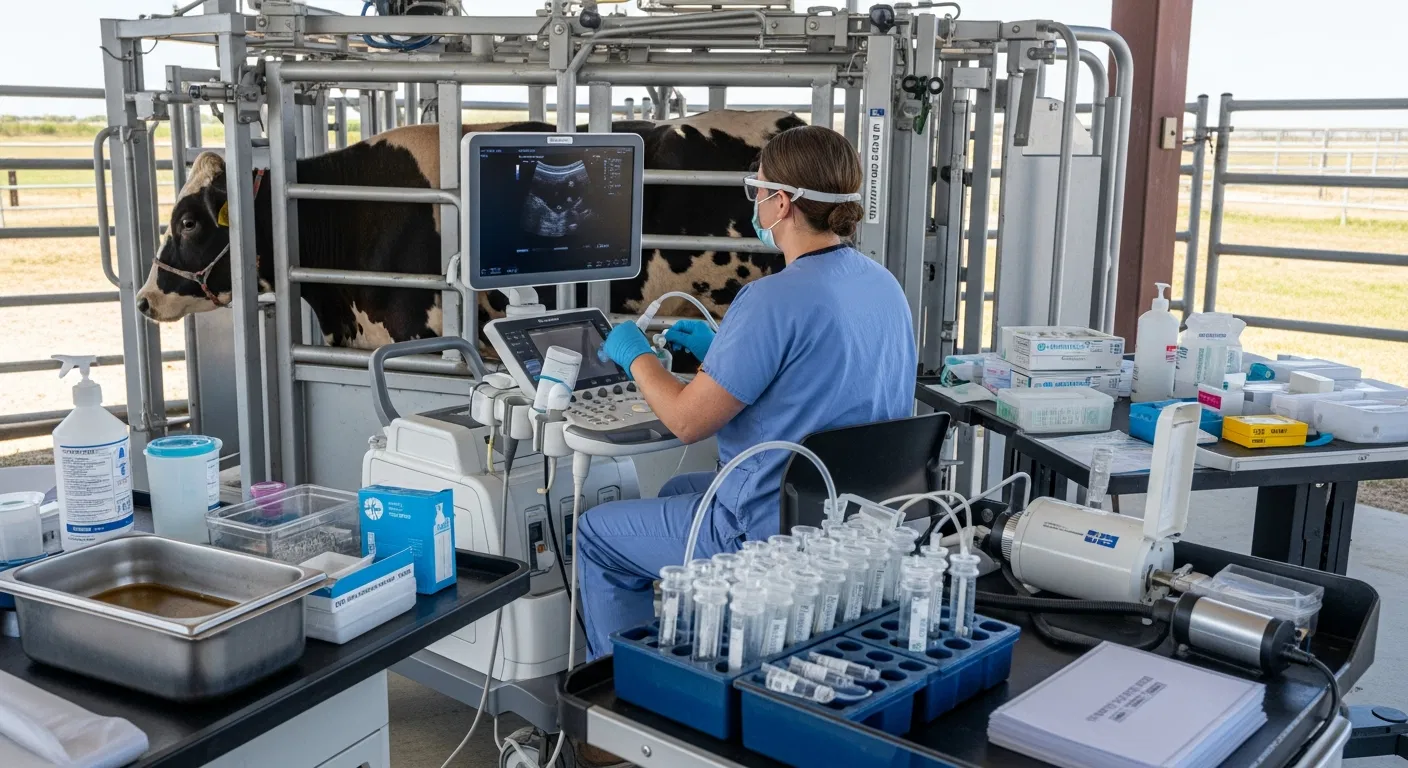 A Breeding Tech LLC vet conducts a bovine ultrasound outdoors with advanced equipment, specializing in IVF and embryo transfer.