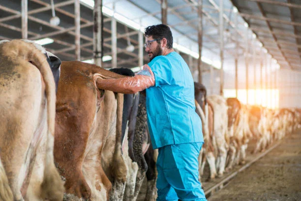 A Breeding Tech LLC specialist in blue scrubs performs bovine reproductive ultrasound on a cow among cattle inside a barn.